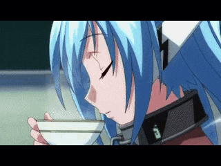 a blue haired anime girl is drinking from a white bowl