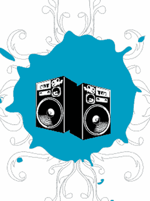 a pair of speakers with a blue background and a swirl pattern
