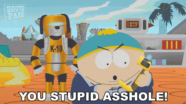 a south park cartoon with a robot and a man saying you stupid asshole