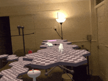 a computer generated image of a checkered table with a lamp in the background