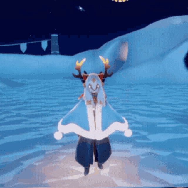 a person with antlers on their head is standing in the snow