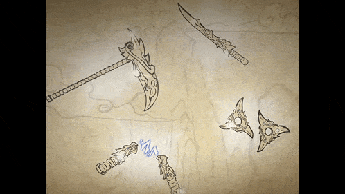 a drawing of a hammer a sword and a star shaped weapon