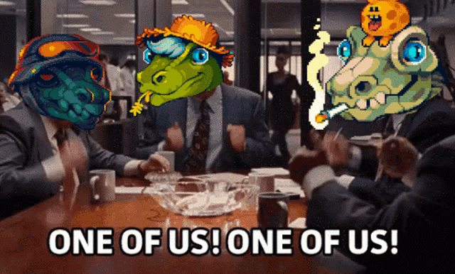 a group of people sitting around a table with one saying one of us one of us