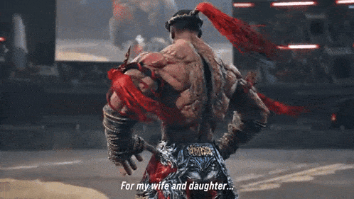 a very muscular man is standing on a stage and says `` for my wife and daughter '' .