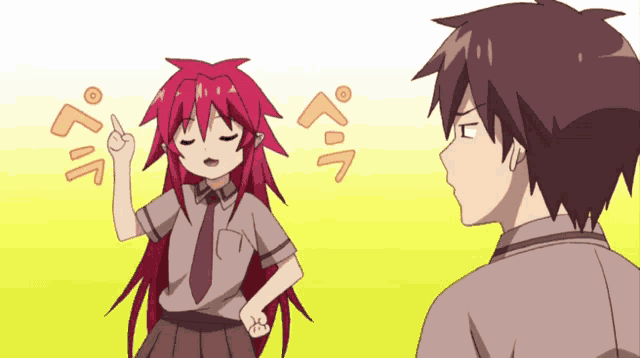 a cartoon of a girl with red hair standing next to a boy
