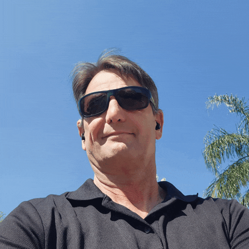 a man wearing sunglasses and ear buds looks at the camera with a palm tree in the background