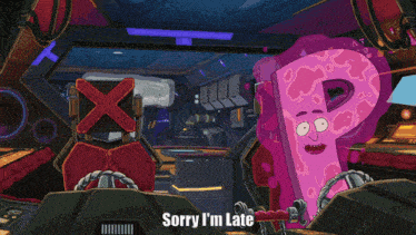 a cartoon character says " sorry i 'm late " while sitting in a car