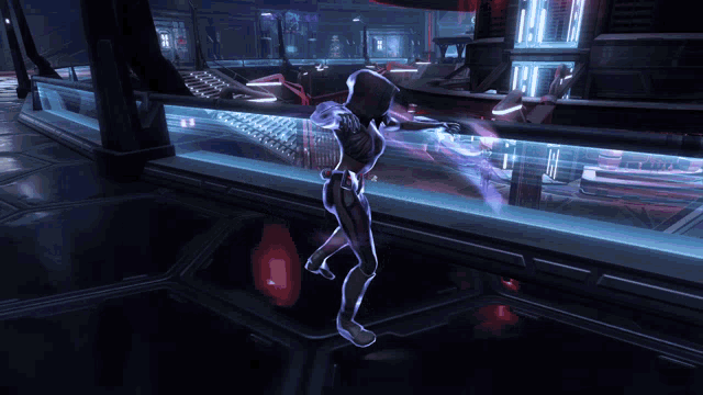 a silhouette of a person in a futuristic room