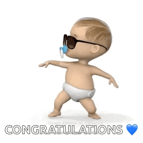 a baby wearing sunglasses and a pacifier is dancing with the words congratulations in the background