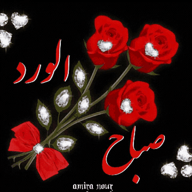 a bunch of red roses on a black background with the words amira nour