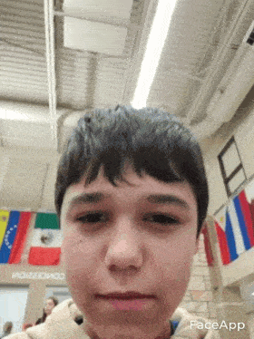 a young boy is taking a selfie in front of flags in a gym .