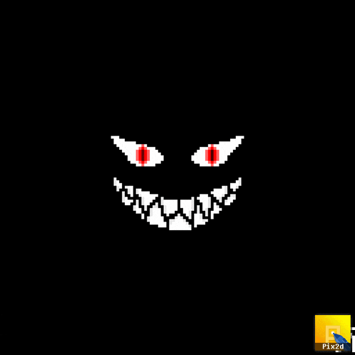 a pixel art drawing of a monster face with red eyes