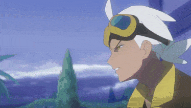 a cartoon character is wearing goggles and a yellow jacket