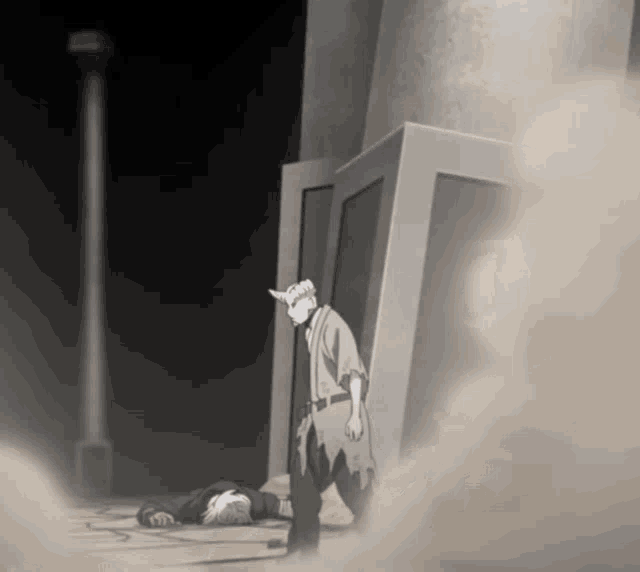 a cartoon of a man with horns standing next to a fallen man