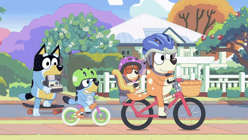 a group of cartoon characters are riding bikes and skateboarding