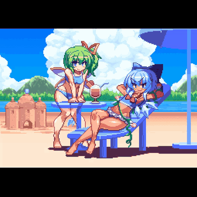 a pixel art of two girls on a beach