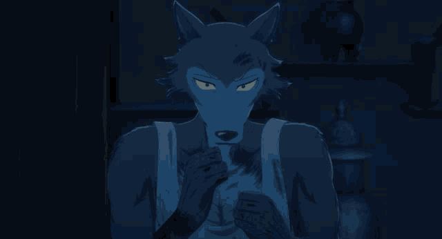 a cartoon wolf with red eyes is standing in the dark