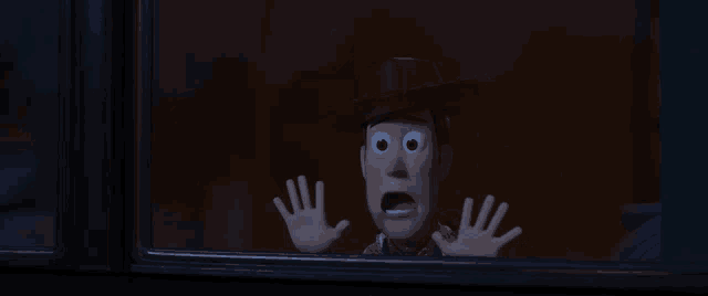 woody from toy story looking out of a window with his hands up