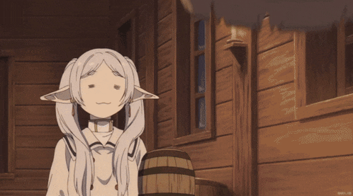 a girl with white hair is standing in front of a wooden building and a barrel