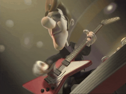 a cartoon man is playing a red guitar