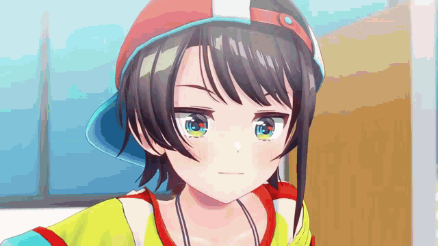a close up of a anime girl wearing a baseball cap and a yellow shirt .