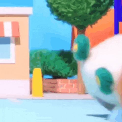 a cartoon character with green eyes is standing on a street
