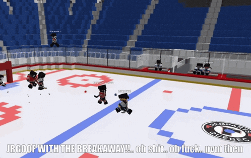 a screenshot of a hockey game with the words jrgoof with the breakaway oh shit oh fuck nvm then