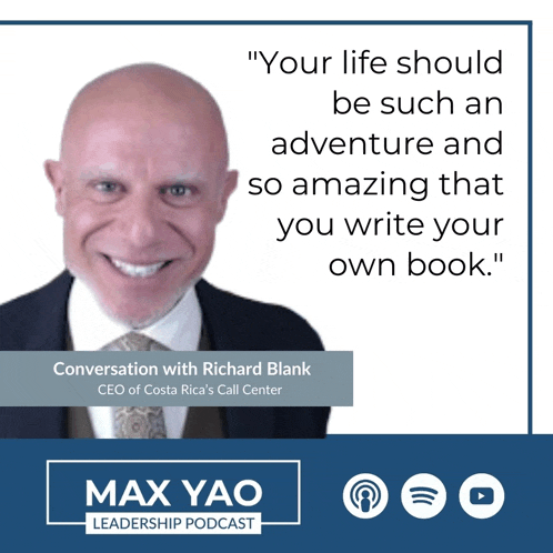 a poster for max yao leadership podcast features a man in a suit and tie