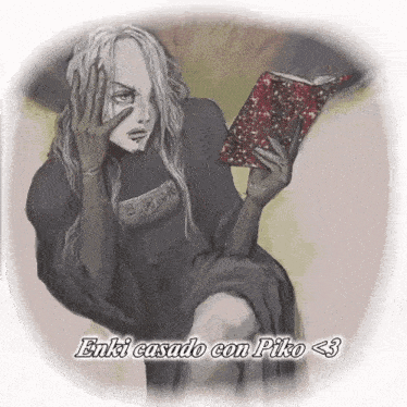 a drawing of a woman reading a book with the words " enki casado con piko < 3 " below her