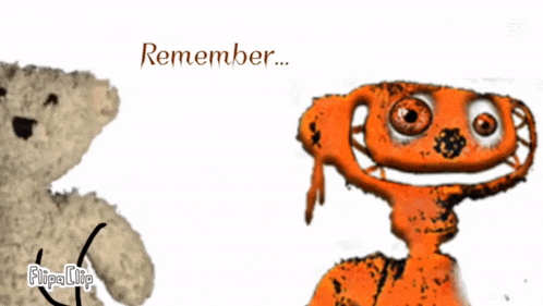 a teddy bear with a blue scarf around its neck is standing next to an orange stuffed animal that says me on it