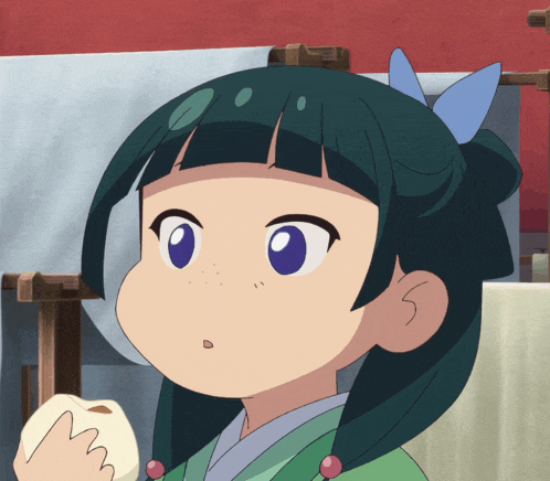 a cartoon girl with a blue bow in her hair holds a white ball