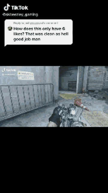 a person holding a gun in a video game with a speech bubble that says tiktok .