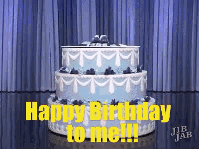 a blue and white cake with the words happy birthday to me written on it