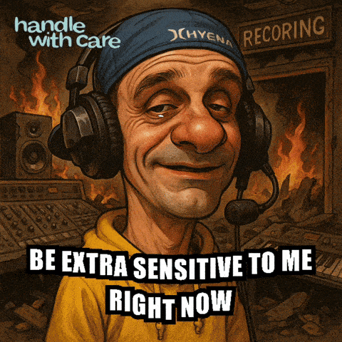 a cartoon of a man wearing headphones with the words be extra sensitive to me right now above him