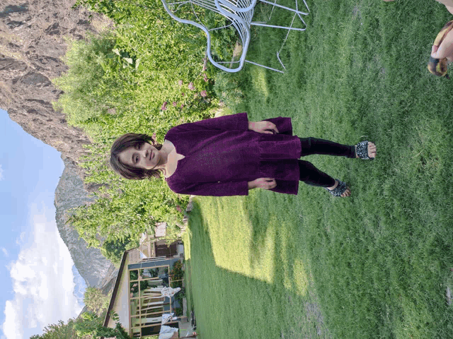 a girl in a purple dress stands in the grass