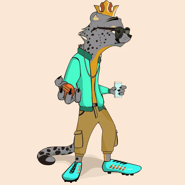 a cartoon of a cheetah wearing a crown and holding a glass of water