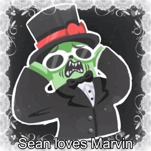 a cartoon of a man in a tuxedo and top hat with the words sean loves marvin below him