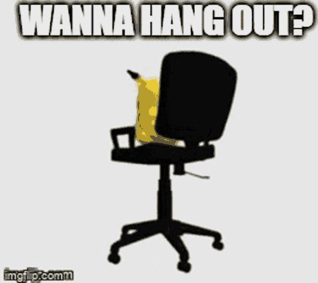 a yellow pikachu is sitting on a black office chair with the words `` wanna hang out ? ''
