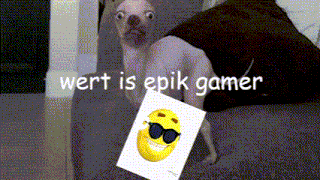 a dog is holding a card with a smiley face and the words wert is epik gamer