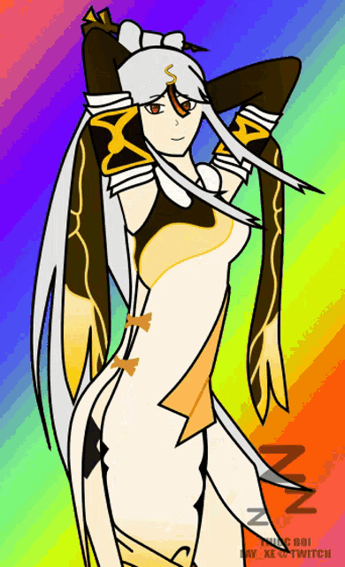 a drawing of a woman with a rainbow background has the letters nn on the bottom