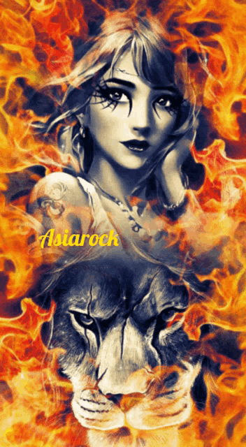 a painting of a woman and a lion with the name asiarock at the top