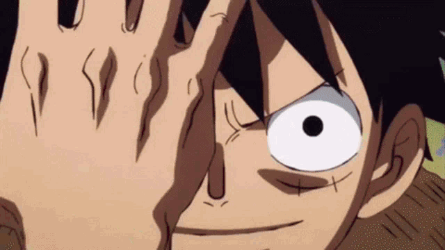 luffy from one piece is making a funny face with his hand .