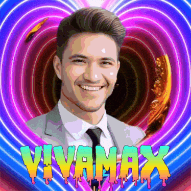 a man in a suit and tie is smiling in front of a heart with the word vivamax written on it