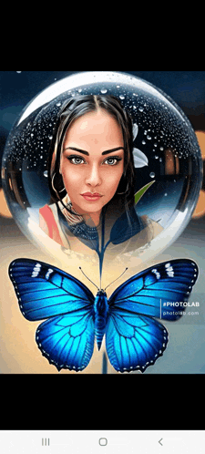 a woman 's face is behind a blue butterfly in a glass ball