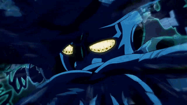 a blue cartoon character with yellow eyes is holding a bunch of papers