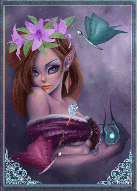 a picture of a fairy with a butterfly and flowers on her head