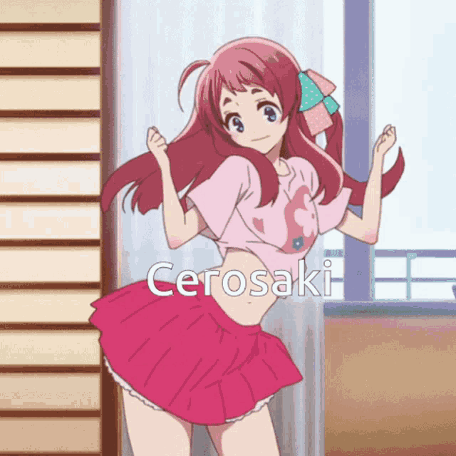 a girl in a pink shirt and pink skirt is dancing with the word cerosaki on the bottom
