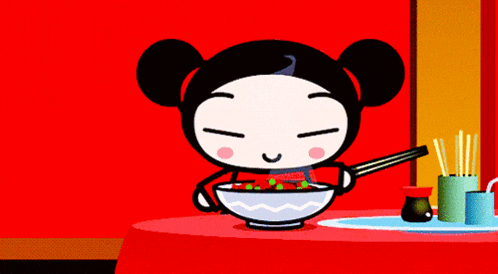 a cartoon of a girl eating a bowl of food