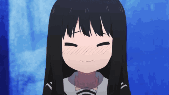 a girl with long black hair is making a funny face with her eyes closed