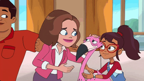 a cartoon of a woman petting a flamingo